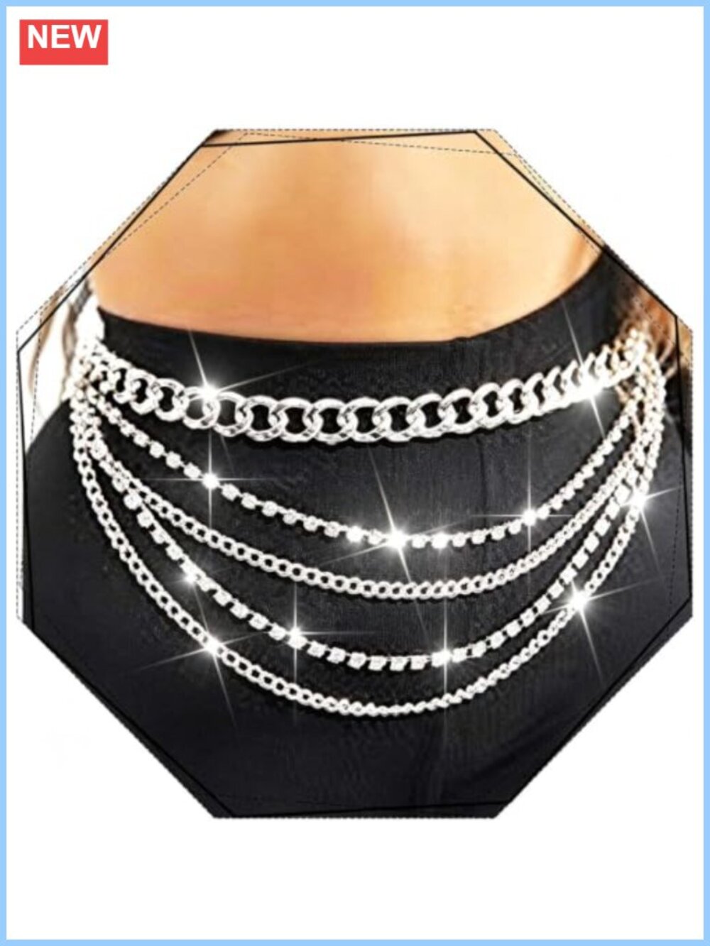 REETAN Rhinestone Waist Chain Belt Silver Layered Body Jewelry Women